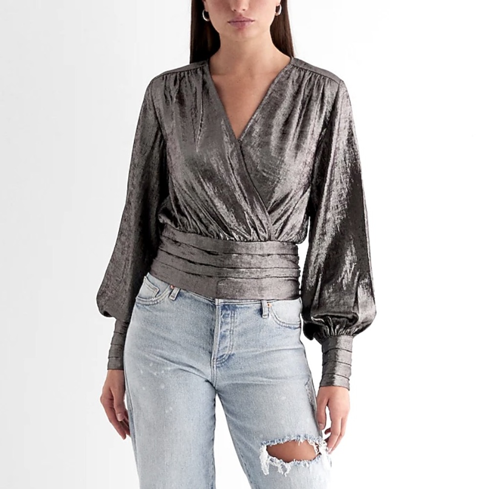 NWT Metallic Pewter Silver V-Neck Balloon Billow Sleeve Wrap Style Blouse Small